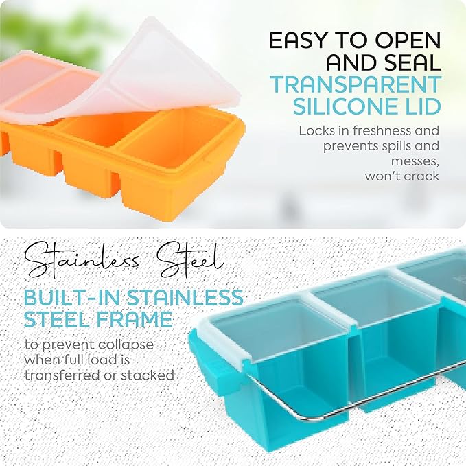 Silicone Freezer Tray With Lid - Soup Freezer Container molds - Large Ice Cube Tray- makes 8 perfect 1 cup portions cubes, 2-Pack Freezer Storage Food Soups & Meal Prep - Oven & Dishwasher -Safe
