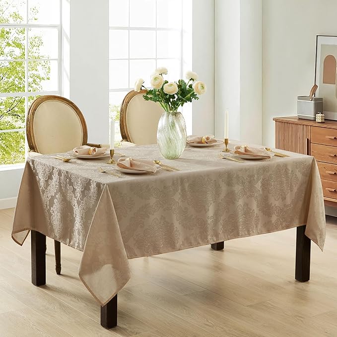Newbridge Barcelona Luxury Damask Fabric Tablecloth, 70” Extra Wide x 90” Rectangle, Golden Beige, 100% Polyester, No Iron, Soil Resistant Dining Room, Party and Banquet Table Cover