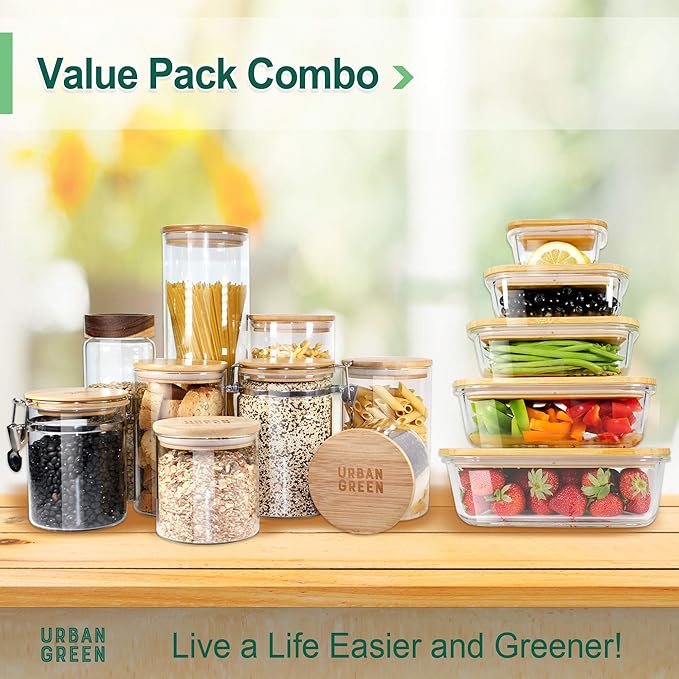 Urban Green Glass Jars with Bamboo Lids, Glass Airtight Canisters sets, Food Storage Container, Pantry Organization and Storage Jars, Kitchen Canisters Sets, Flour Containers of 6