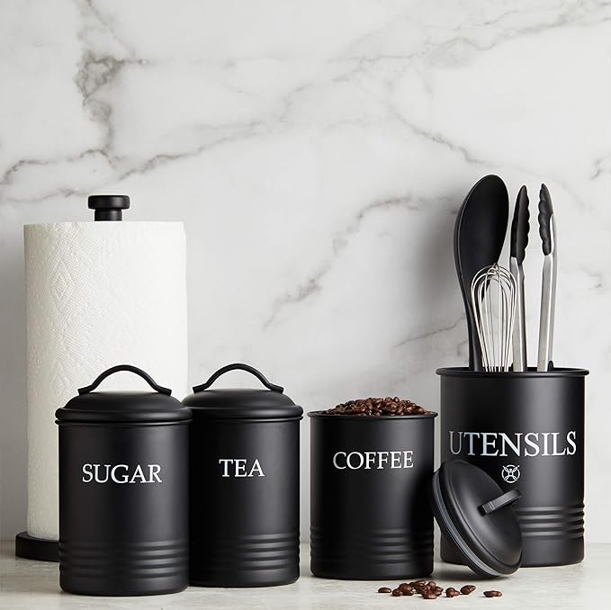 Kitchen Canister Set of 3 Sugar Coffee Tea with lids Food Storage, Black