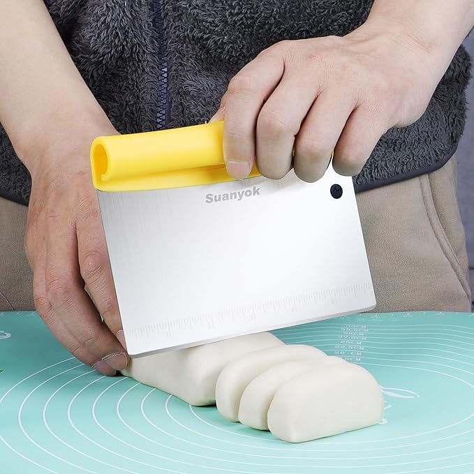 Bench Scraper Food Vegetable Chopper,Stainless Steel Pizza Dough Scraper-Flexible Plastic Bowl/Cake Scraper 5-Piece Set,Bread/Pastry/Pizza/Flour/Cheese Cutter (Yellow)