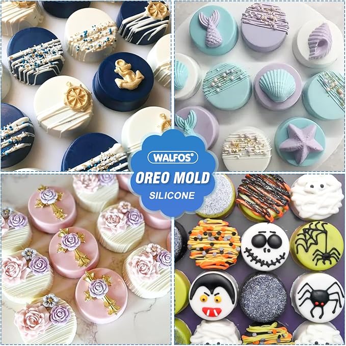Walfos Oreo Molds Silicone, Non-Stick Round Chocolate Covered Oreos Mold for Candy, Cookies, Pudding, Soap, Jello, Set of 4 (Blue/Green)