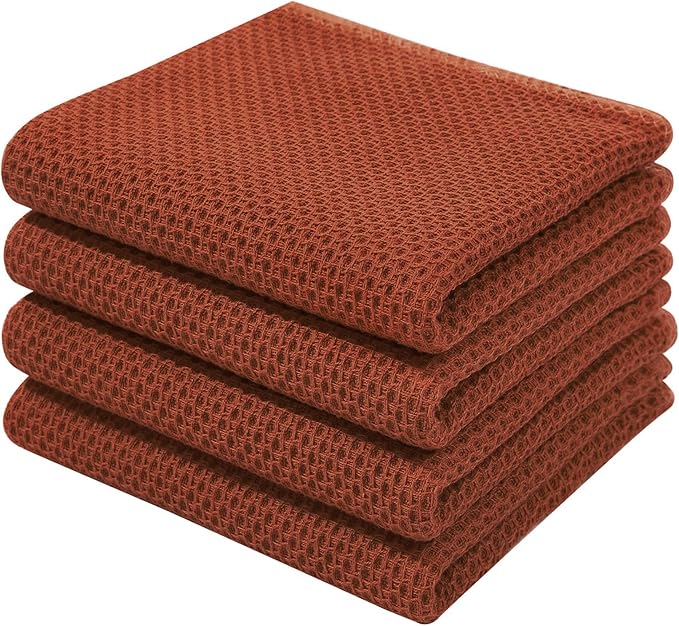 Homaxy 100% Cotton Waffle Weave Kitchen Dish Towels, Ultra Soft Absorbent Quick Drying Cleaning Towel, 13 x 28 Inches, 4-Pack, Rust