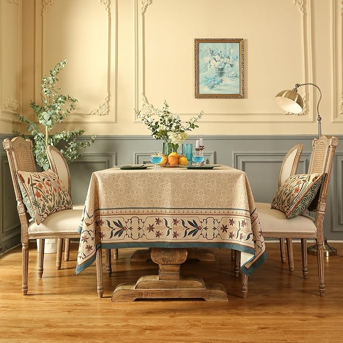 patdrea Designer French Linen Long Tablecloth for Rectangle Table,Beige Anti-Wrinkle Floral Farmhouse Table Cloth,Decor Covers for Kitchen Dining,Tea Party,Christmas,Thanksgiving,63"x94"-Fram