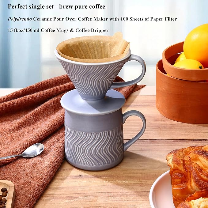Pour Over Coffee Maker with 100 Sheets of V60 Paper Filter, 15 oz Ceramic Coffee Mug & Ceramic Coffee Dripper, 1 Cup-Single brew coffee set, Purple
