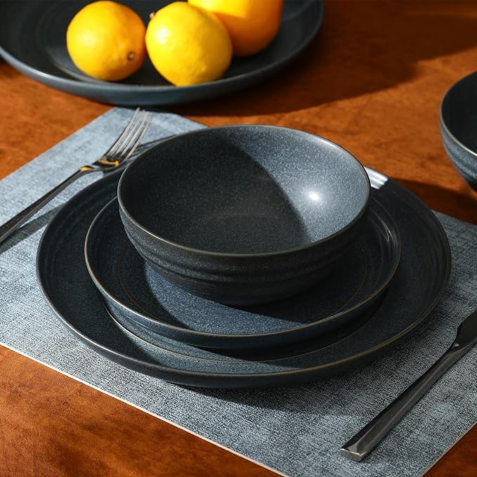 Stone Lain Elio 24-Piece Dinnerware Set Stoneware, Plates and Bowls Set, Dish Set for 8, Blue