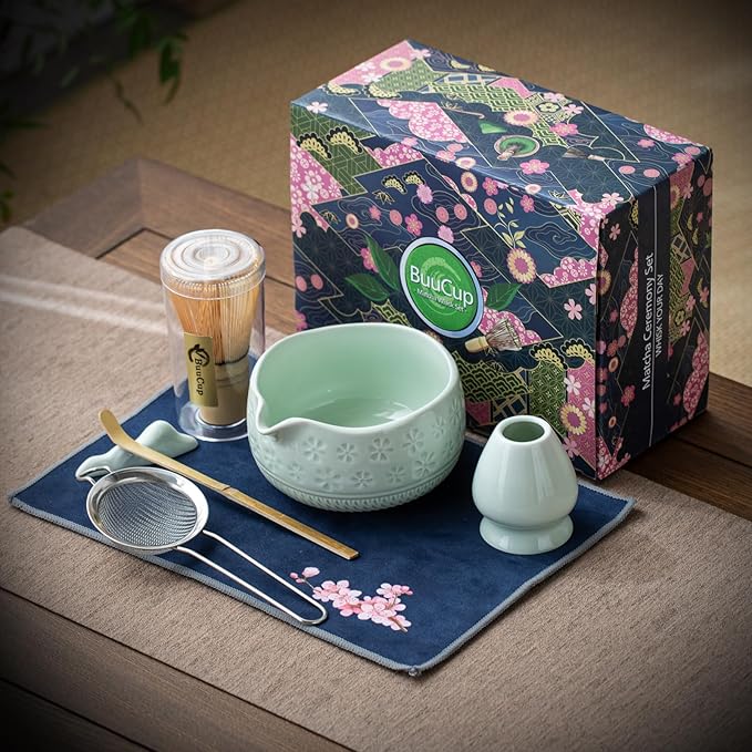 Matcha Whisk Set, Ceramic Matcha Kit Set Includes Matcha Bowl, Matcha Whisk and Holder, Bamboo Scoop, Scoop Rest, Sifter and Tea Towel - 7 Pcs Matcha Kit for Matcha Lovers (Mint)