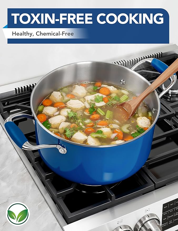 MICHELANGELO Stainless Steel Stock Pots - Induction Soup Pot with Lid, 6 Qt Non-Toxic Cooking Pot, Oven & Dishwasher Safe, Blue Exterior