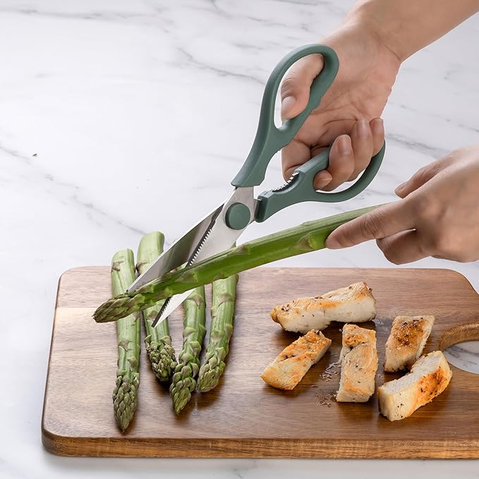 Rae Dunn Kitchen Scissors- Stainless Steel Kitchen Shears, Cooking Scissors for Cutting Meat, Chicken, Herbs and Produce with Blade Cover and Soft Grip Handles (Sage)