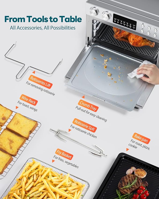 28QT Air Fryer Toaster Oven Combo, Large 12-in-1 Convection Countertop Oven with 3-Layer Cooking, Rotisserie for Chicken, 6 Heating Tubes, Fast Preheat, Fit 11" Pizza, All Accessories, Stainless Steel