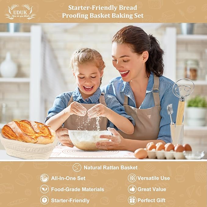 Bread Proofing Basket Set with 10" Round and 9.6" Round Banneton Baskets, Silicone Bread Sling Baking Mat, Whisk Cutter Scraper Lame - Sourdough Bread Baking Supplies Ideal Sourdough Starter Kit