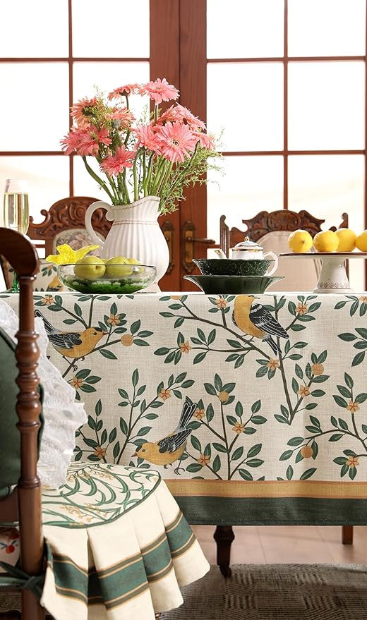 patdrea Designer Vintage French Small Rectangle Table Cloth,Green Linen Yellow Birds and Leaves Pattern Tablecloth,Decor Table Cover Kitchen Dining Christmas,Banquet,Thanksgiving,55"x71"-Warbler