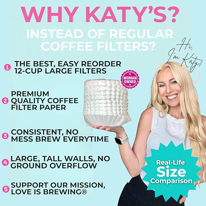 Katy’s Large Coffee Filters - 12 Cup Commercial Coffee Filters (9.5” x 4.5” Inch) Premium Paper & Brew Extraction, Tall & Wide, No Ground Overflow - Perfect For Restaurants & Cafes (500 Count)