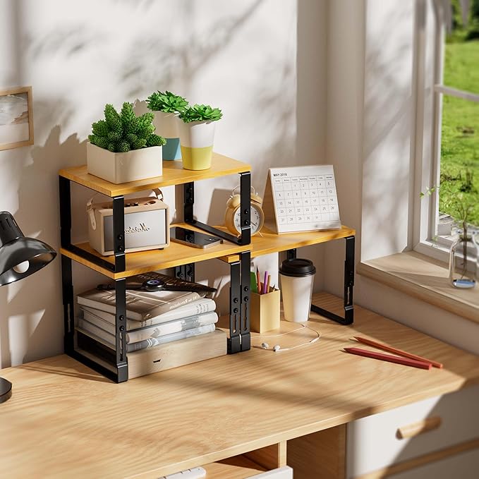 Kitchen Cabinet Organization Shelf，Set of 2 Height Adjustable Storage Racks，Stackable，Expandable，Countertop Shelves Organizer，Pantry Shelving（2PACKS/Medium/Black