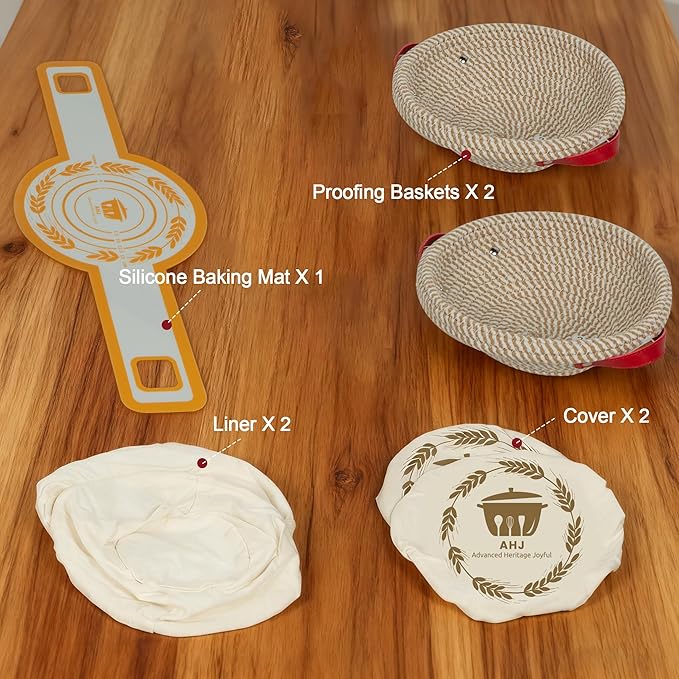 Banneton Bread Proofing Basket Set, 2 Pack Cotton Rope Sourdough Baskets with Liners, Cloth Covers & Silicone Baking Mat, Sourdough banneton basket for Sourdough Baking Supplies