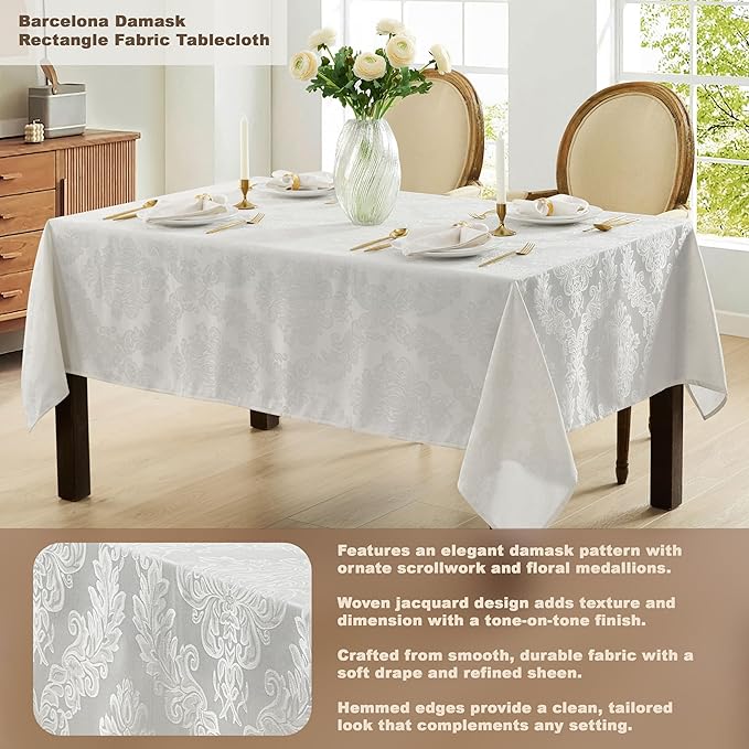 Newbridge Barcelona Luxury Damask Fabric Tablecloth, 70” Extra Wide x 108” Rectangle, White, 100% Polyester, No Iron, Soil Resistant Dining Room, Party and Banquet Table Cover