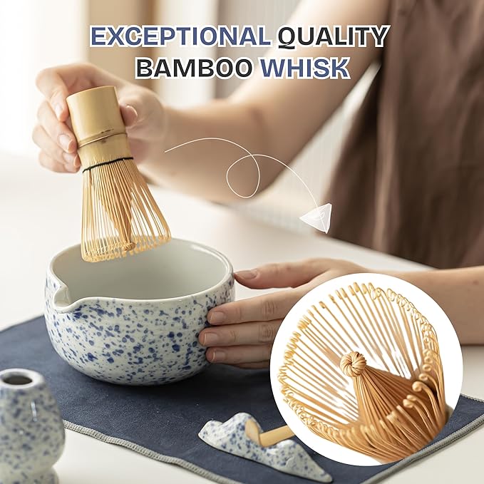 Matcha Whisk Set, 7 PCS Matcha Kit with Matcha Bowl with Spout, Bamboo Matcha Whisk and Scoop, Matcha Accessories & Sifter – Complete Matcha Set for Tea Lovers, Matcha Gift Set (Blue)