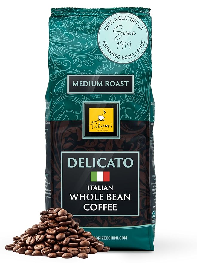 Filicori Zecchini Italian Espresso Beans – Whole Bean Coffee Medium Roast Arabica & Robusta Blend – Low Acidity, Slow Roasted – Delicato 2.2lb Bag