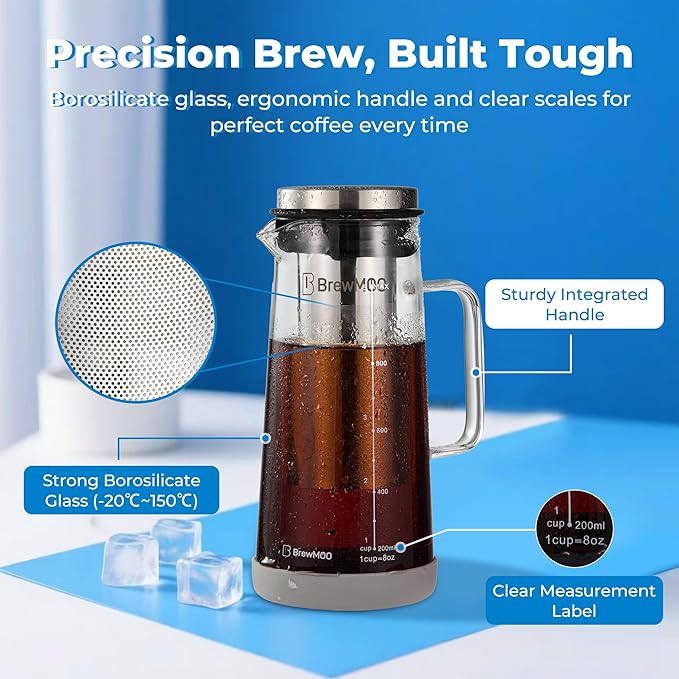 Cold Brew Coffee Maker, 1.0L/34Oz Cold Brew Pitcher | Ice Tea Maker with Airtight Glass Carafe, Filter, Non-Slip Base, Comfort Handle, Wide Spout (Grey)