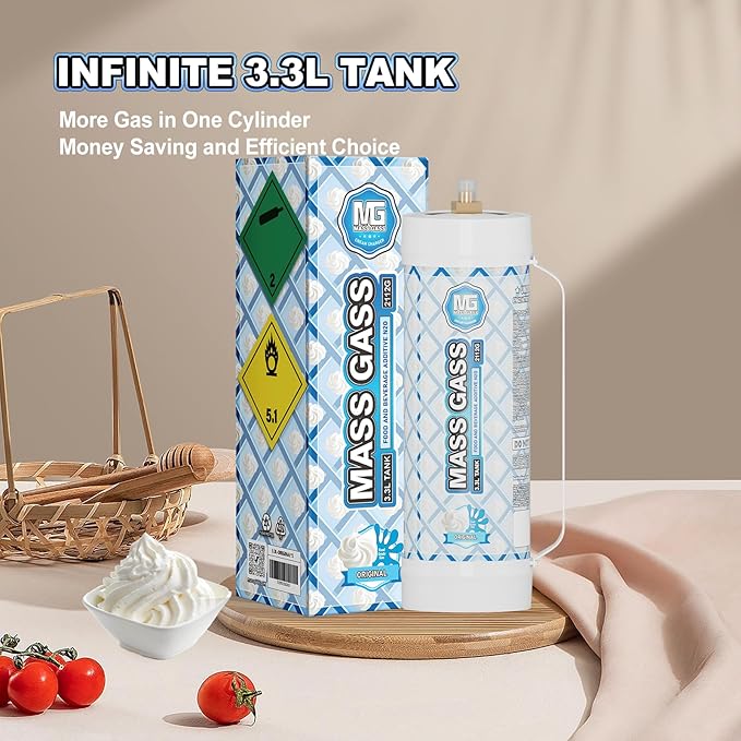 MassGass Whipped Cream Chargers, 3.3L Tanks, 2112g Whip Cream Charger Cylinder Unflavored Food Grade 99.99% Pure(3 Cylinders)