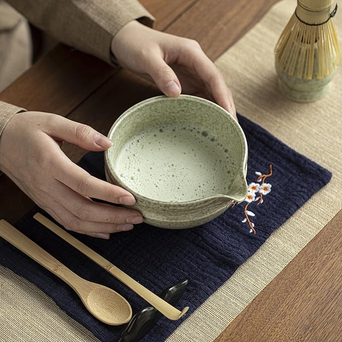 Matcha Whisk Set – 8 Pcs Matcha Set with Ceramic Bowl with Spout, Bamboo Whisk, Holder, Scoop, Sifter, and Tea Towel – Complete Japanese Matcha Kit for Ceremony and Gift (Matcha Green)