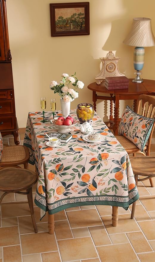 patdrea Designer Vintage Linen Rectangle Table Cloth,Framhouse Oranges and Leaves Pattern French Tablecloth,Fall Decor Cover for Kitchen Dining Christmas,Thanksgiving,55"x87"-Palladin a
