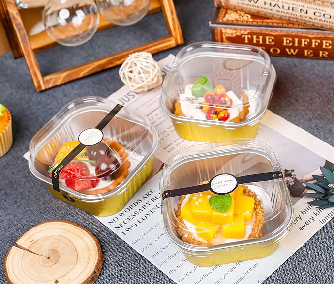 50 Pack Mini Cake Pans with Lids and Spoons Aluminum Foil Pans Square Cake Tins for Bakery Party Wedding (Gold,10 oz)