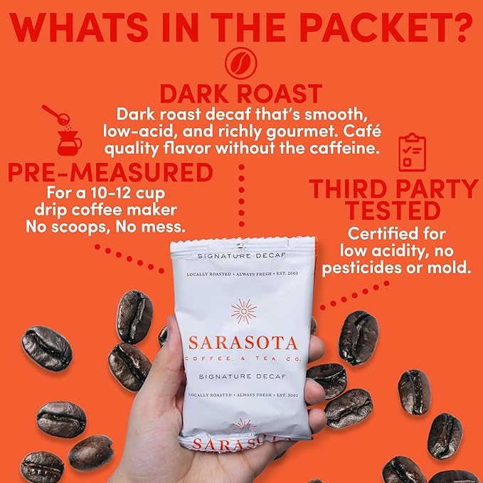 Sarasota Coffee Packs Bulk Ground Packets | Decaf | Gourmet Decaffeinated Assorted Gift Set Sampler | Low Acid Mold Free Single Pot Individual Pouches for 12 Cup Coffee Maker | 1.75 Oz Bags, 100 Count