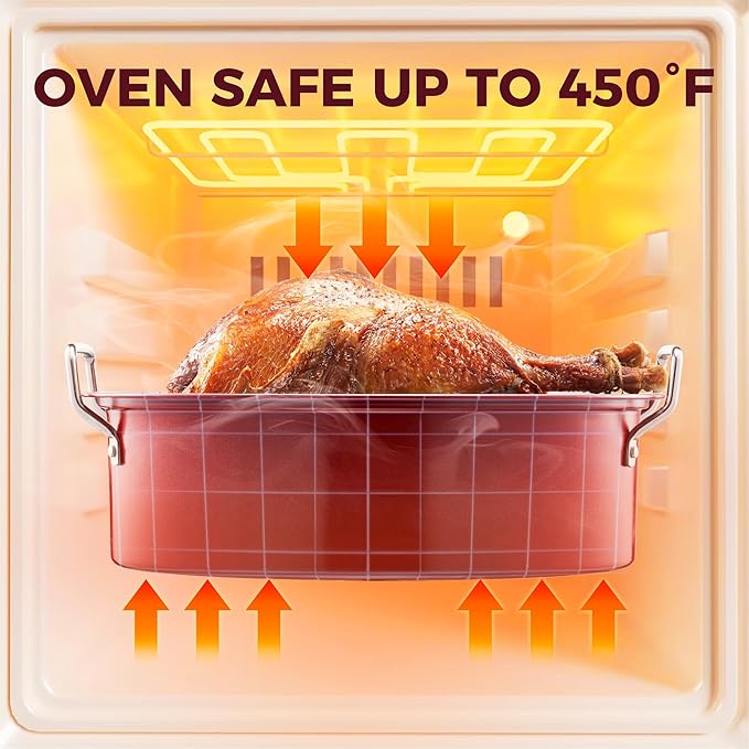 HONGBAKE 18 Inch Turkey Roasting Pan with Rack and Lid – Large Red Carbon Steel Roaster Pan for 20 lb Turkey, Oven Safe Baking Pan for Holiday Meals & Thanksgiving