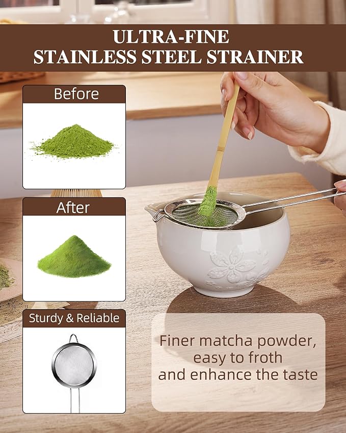 ZENS Matcha Whisk Set, Ceramic Matcha Set Includes 15oz Sakura Bowl, Bamboo Whisk & Chasen Holder, Scoop & Sifter-Tea Towel, 6pcs Matcha Kit for Matcha Lovers, White