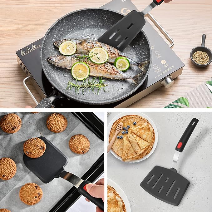 Hotec Silicone Spatula Turner for Nonstick Cookware, Cooking Spatulas 600°F Heat Resistant Large Flexible Rubber Spatula Set of 3, Kitchen Utensils for Flipping Eggs, Burgers, Pancakes, Crepes