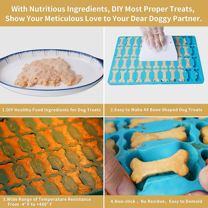 Dog Bone Silicone Molds, 44 Cavities Small Dog Bone Shaped Pet Treat Mold for Baking and Freezing Dog Food/Snacks/Biscuits/Candy/Chocolate for Medium and Large Dogs (with a Scraper)
