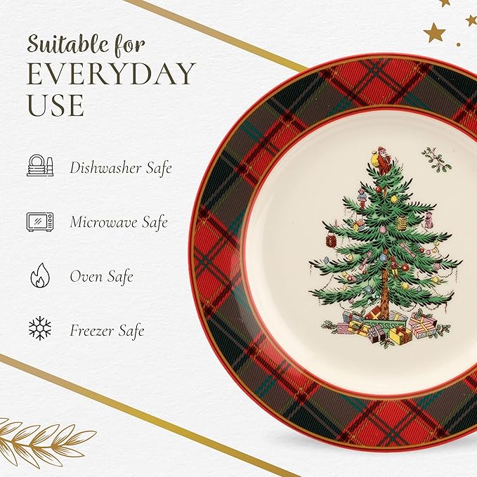 Spode Christmas Tree 16-Piece Tartan Dinnerware Set (Service for 4) - Festive Holiday Tableware with Plates, Bowls, Mugs - Porcelain Christmas Dinnerware - Microwave & Dishwasher Safe