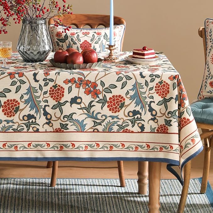 patdrea Designer Vintage Linen Extra Long Tablecloth for Rectangle Table,French Soft Floral Tablecloths,Colorful Table Cover for Kitchen Dining,Parties,Christmas,Thanksgiving,Party,63"x110"-Puno
