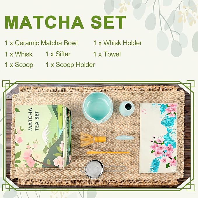 7-Piece Matcha Set–Traditional Japanese Tea Kit with Matcha Bowl, Bamboo Whisk, Ceramic Holder, Scoop, and Sifter–Perfect for Tea Ceremonies&Gifts for Matcha Lovers (Mountain Relief-Celadon)