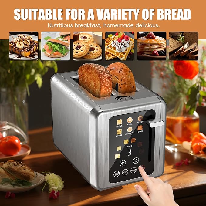 Touch screen Toaster 2 slice,Stainless Steel Digital Timer Toasters with Sound Function,6 Bread Types & 6 Shade Settings,Smart Extra Wide Slots Toaster with Bagel,Defrost Functions,Brushed steel