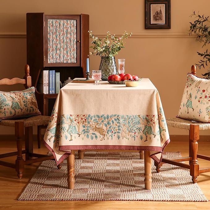 patdrea Designer French Beige Long Tablecloth for Rectangle Table,Vintage Breathable Linen Trees Pattern Table Cloth,Decor Cover for Kitchen Dining Christmas,Thanksgiving,63"x94"-Tatiana D