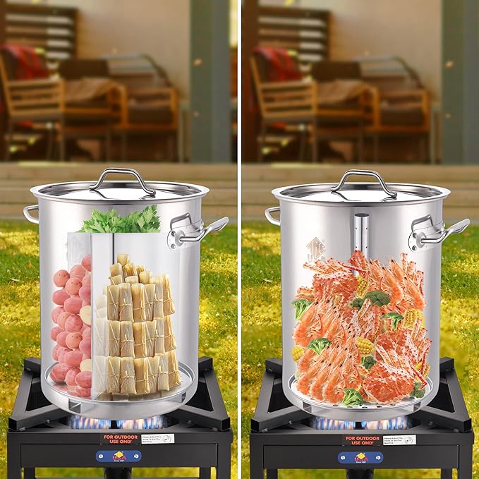 ARC 32QT Stainless Steel Stock pot 6-Piece For Seafood Boil Pot with Basket and Steamer Rack,Cookware for Crawfish Crab Shrimp Lobster Boiling Pot, Turkey Fryer Pot, Tamale Steamer Pot with Strainer
