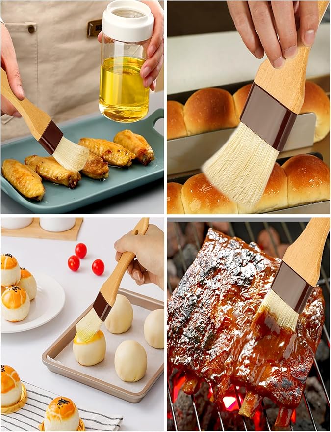 Pastry Brush,Basting Brush 2 in-Natural Boar Bristle Basting Brush for Cooking,Food Grade Brushes for Baking,Heat Resistant to Spread Oil,Sauce,Butter,Flour,Egg Wash Marinades for BBQ Barbecue(2 pc)