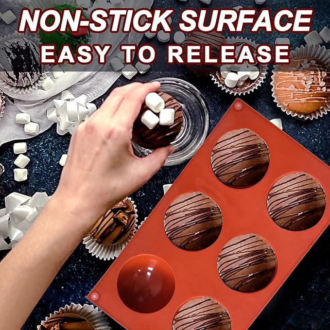 2 Pack Large 6-Cavity Semi Sphere Silicone Molds, Non-Stick Baking Mold for Making Standard Size Hot Chocolate Bomb, Cake, Jelly, Dome Mousse