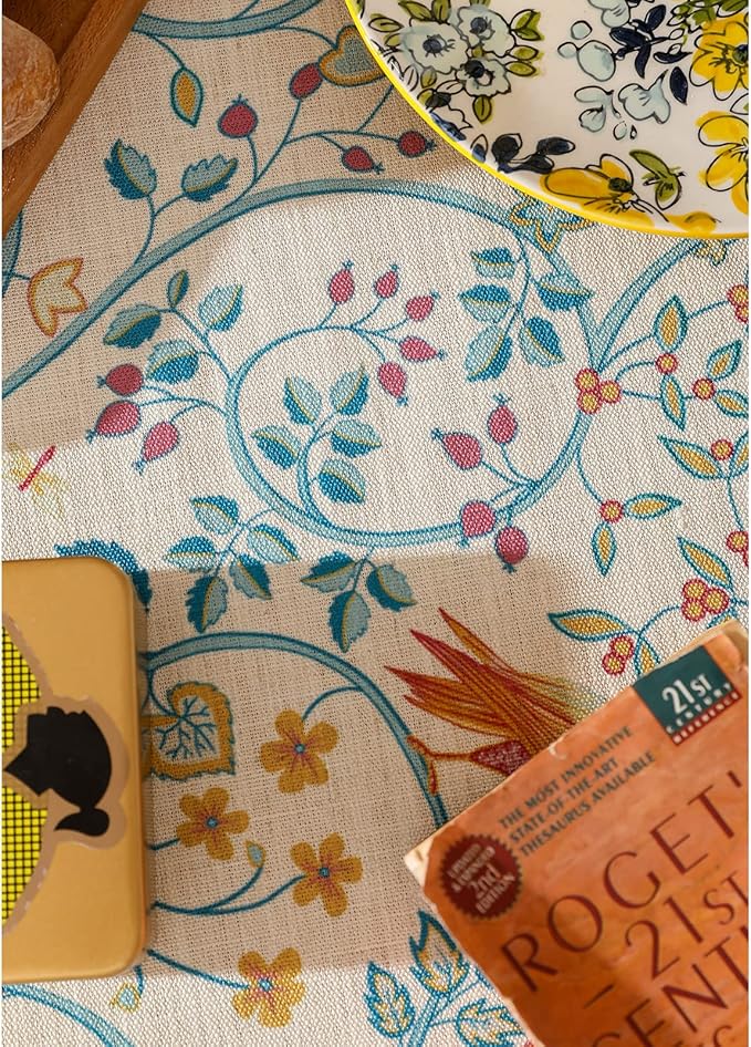 patdrea Designer Vintage French Tablecloth for Rectangle Table,Floral Birds Pattern Linen Table Cloth,Yellow Decor Cover for Kitchen Dining Banquet,Christmas,Thanksgiving,63"x110"-Magnolia