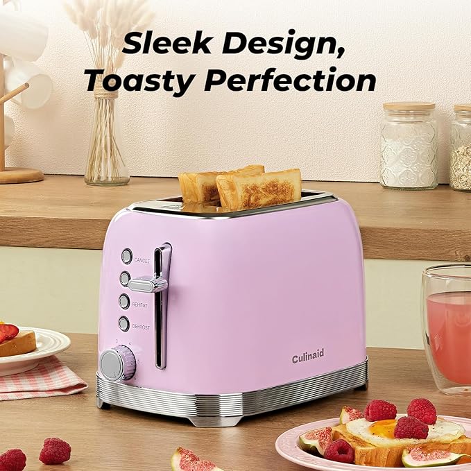 Toaster 2 Slice Retro Stainless Steel with 1.5” Extra Wide Slots Bagel, Defrost, Reheat, Cancel Functions, 6 Bread Shade Settings, Removable Crumb Tray, Purplish Pink