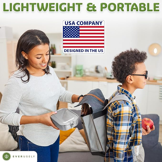 Everusely - Bento Box - Stainless Steel Lunch Box for Adults - 47 oz, 1.4 L - 5 Compartment Snack Container with Removable Silicone Seal & Secure Lock Clips - Leakproof & Dishwasher Safe