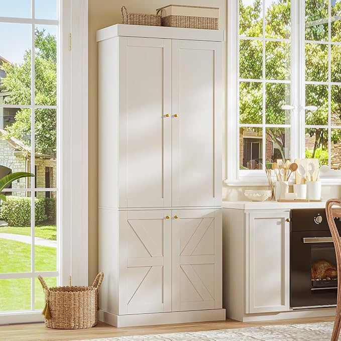 70.8" Tall Farmhouse Kitchen Pantry Cabinet with Doors, Modular Wooden Storage Hutch with 4-Tier Adjustable Shelves, White Buffet Cabinet for Kitchen or Living Room, Set of 3