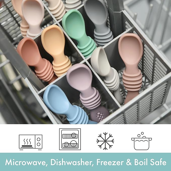 PrimaStella Silicone Chew Spoon Set for Babies and Toddlers - Safety Tested - BPA Free - Microwave, Dishwasher and Freezer Safe - Earth Shades