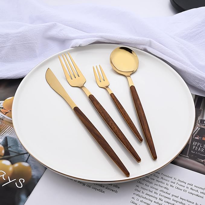 16-Piece Silverware Set with Cake Fork, Gold Stainless Steel Flatware Cutlery Set, Eating Utensils Set with Wooden effect Handle, Include Knife Fork Spoon, Mirror Polished, Dishwasher Safe