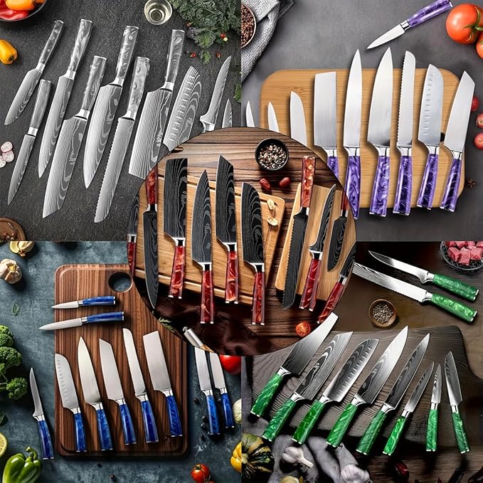 8-Piece Premium Japanese Kitchen Knife Set - Imperial Collection, Laser Damascus Pattern, 440A Stainless Steel Ultra Sharp for Fast Cutting (DMS-8A-Red)