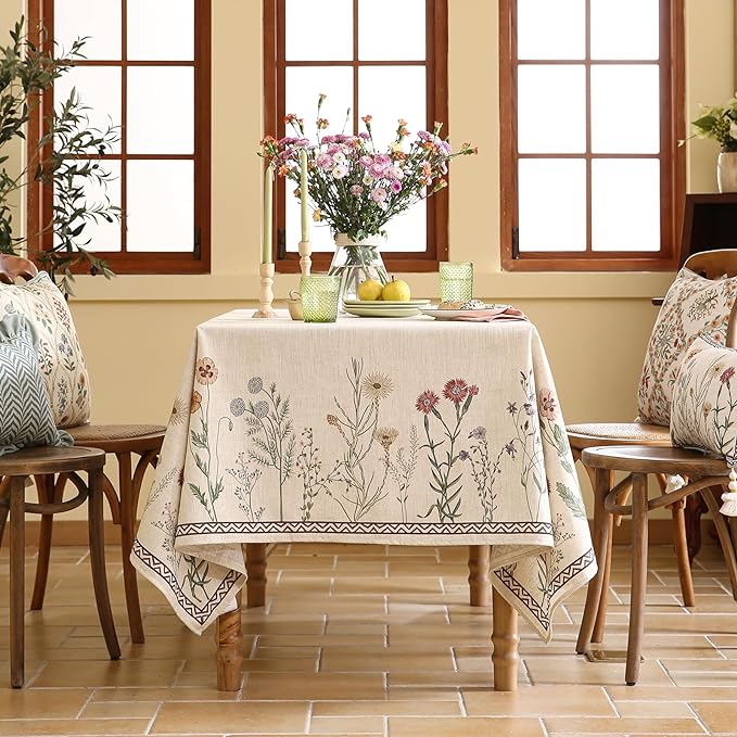 ISAENNE Designer Off White Linen Rectangular Tablecloth,Floral Elegant Table Cloth,Stain Resistant Vintage Decor Tablecloths for Dining Thanksgiving Kitchen Christmas,55"*87"-Serenity G