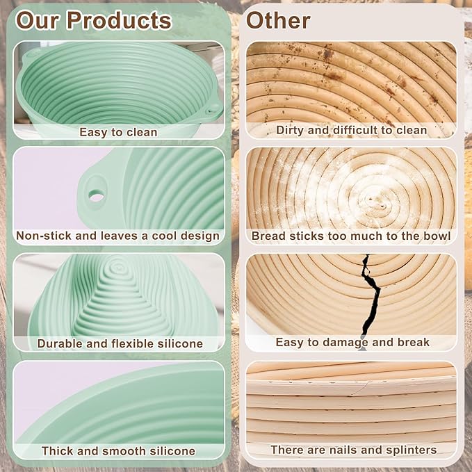 Upgraded Silicone Sourdough Bread Proofing Basket with Handles - Reinforced Rim Support, 9 Inch Round Foldable Bowls for Sourdough Bread Baking, Oven & Dishwasher Safe-BPA Free (Green)