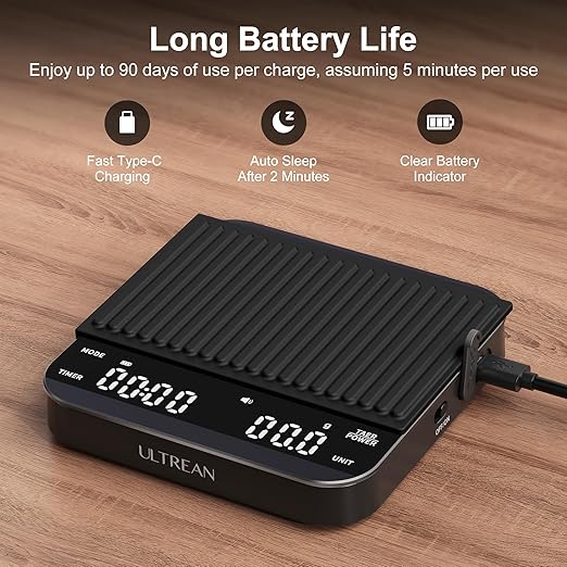Ultrean Mini Coffee Scale with Timer, Rechargeable Espresso Scale, 2kg/0.1g Accurate Scale for Espresso and Pour-Over Coffee, Portable Digital Kitchen Scale with 3 Brewing Modes